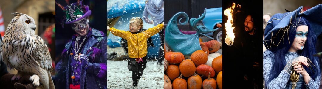 Enfants émerveillés, citrouilles et neige à L'Étrange Noël des Sorciers